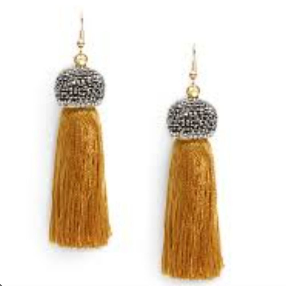 NWOT Molly Phillips Jacqueline Tan Tassel & Rhinestone Earrings